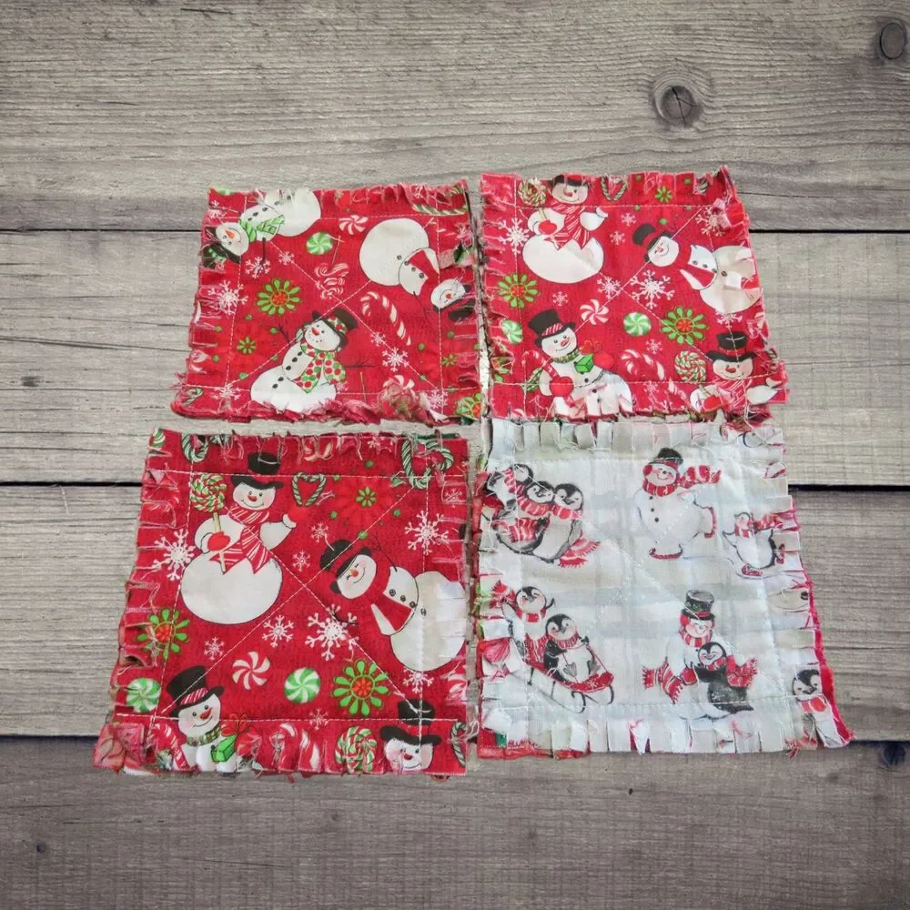 Rag Quilt Coasters, Set of 4, Reversible Christmas Snowmen and Penguin Mug Rugs